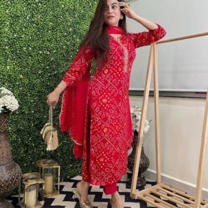 gosriki women's rayon viscose straight bandhej printed kurta with pant & dupatta