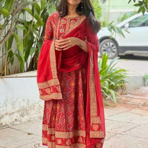 anay traders women's cotton anarkali embroidery designer long anarkali kurti with pant and dupatta set (red)