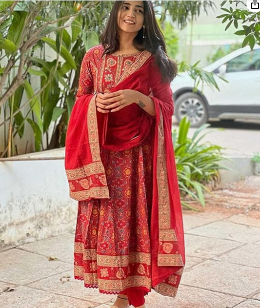 anay traders women's cotton anarkali embroidery designer long anarkali kurti with pant and dupatta set (red)