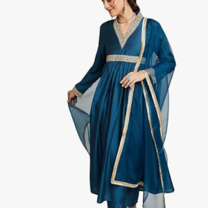 amazon brand myx women's embroidered anarkali kurta set with organza dupatta | available in plus sizes