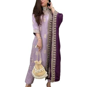 gosriki women's stylish silk viscose kurta set | printed straight kurta with pant & dupatta | festive ethnic set