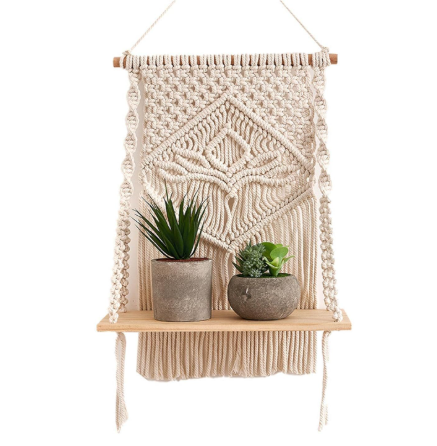 decazone macrame indoor wall hanging shelf chic decor wood floating boho shelves with wooden dowel hand woven bohemian decor for apartment dorm bedroom living room nursery 60 x 30 cm (beige)