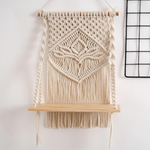 decazone macrame indoor wall hanging shelf chic decor wood floating boho shelves with wooden dowel hand woven bohemian decor for apartment dorm bedroom living room nursery 60 x 30 cm (beige)