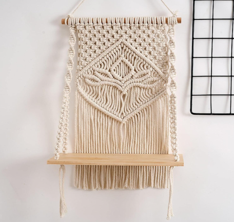 decazone macrame indoor wall hanging shelf chic decor wood floating boho shelves with wooden dowel hand woven bohemian decor for apartment dorm bedroom living room nursery 60 x 30 cm (beige)