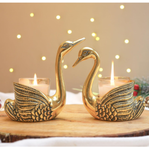 behoma aluminium pair of swans for good luck and love | candle holder for home decor tabletop living room | showpiece for gifting anniversary diwali & navratri pooja (candles/plants not included),gold