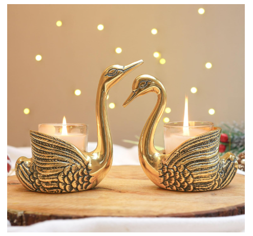 behoma aluminium pair of swans for good luck and love | candle holder for home decor tabletop living room | showpiece for gifting anniversary diwali & navratri pooja (candles/plants not included),gold